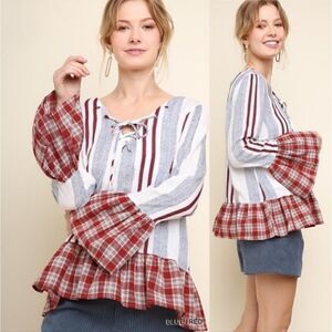 Umgee | Striped Plaid Bell Sleeve Lace Up Criss Cross Long Sleeve Top New Medium